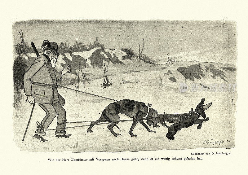 维多利亚时代的德国卡通人物，首席林务官被他的狗拖回家
