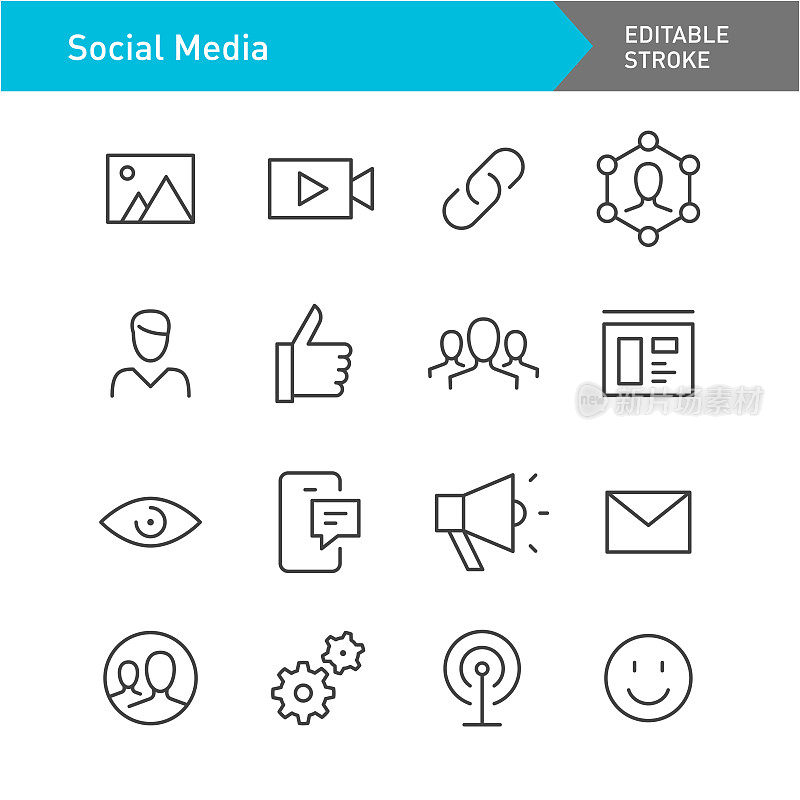 社交媒体图标-线系列-可编辑的笔触