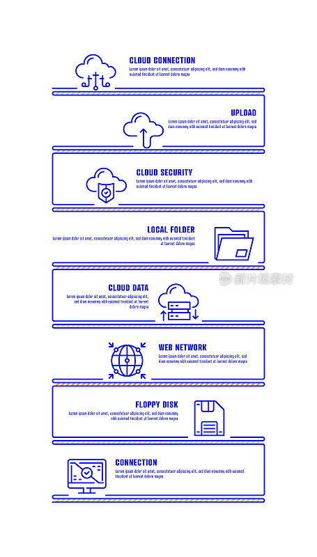 信息图表设计模板。云连接，上传，本地文件夹，云安全，云数据，网络，软盘，连接图标8个选项或步骤。