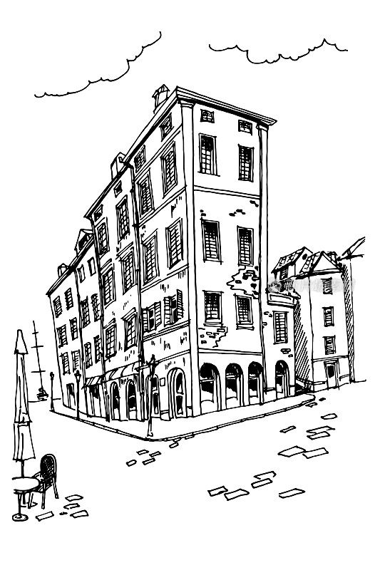 克罗地亚罗维尼的建筑矢量草图。