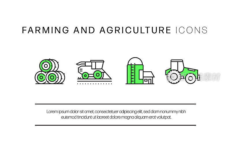 农业和农业相关的线图标，轮廓向量符号插图。