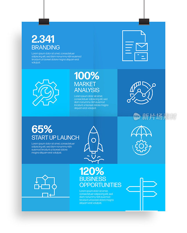 现代业务相关流程信息图表模板。过程时间表图。线性图标的工作流布局