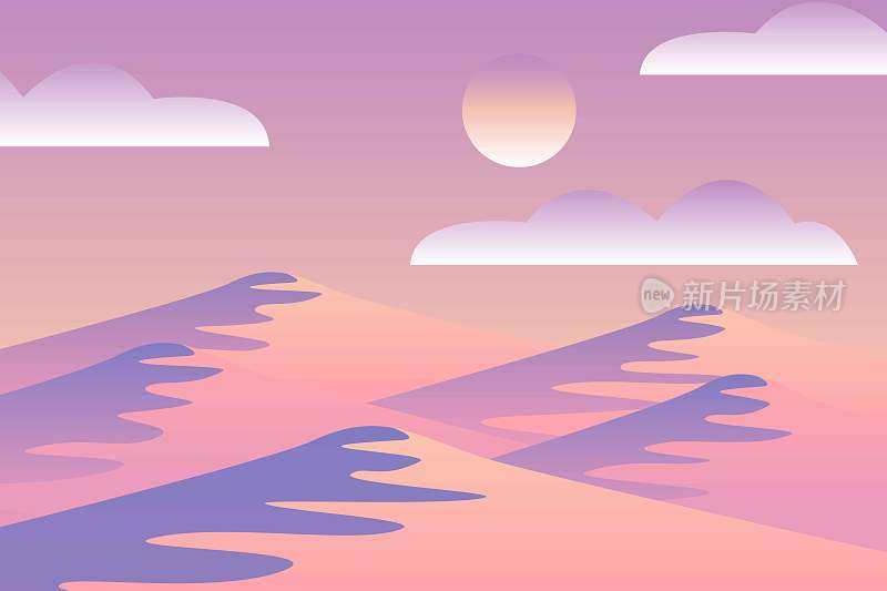 景观与波。日落的天空。黄、粉、紫、紫山剪影。沙漠沙丘。自然与生态。水平方向。用于社交媒体，明信片和海报