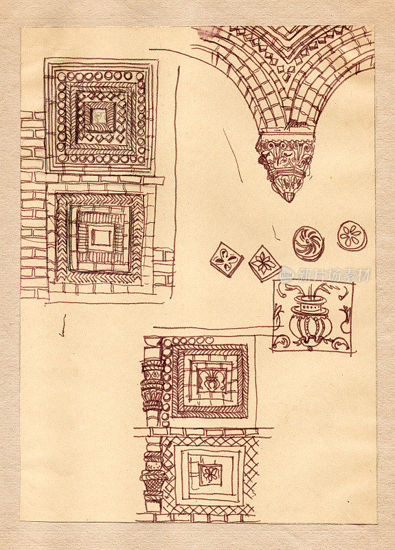 古俄罗斯和拜占庭建筑风格的仿古砖墙镜框元素。棕色的涂鸦墨水和钢笔素描在米色的旧纸上