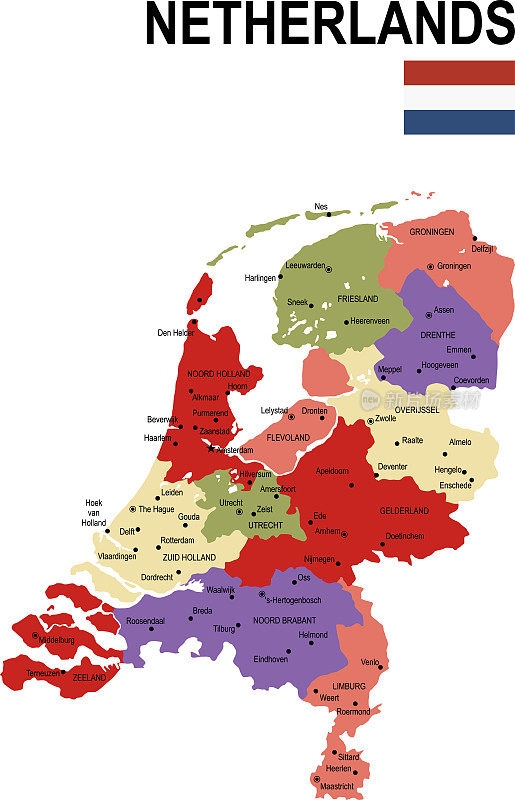 荷兰彩色平面地图与旗帜