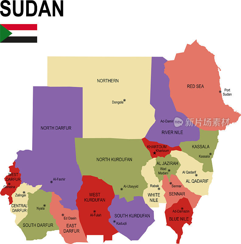 苏丹彩色平面地图与旗帜