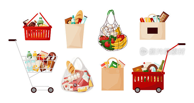 杂货店食物袋。超市购物车和购物篮，里面有日常食品。卡通纸袋购买。装有鸡蛋、面包和牛奶的购物容器。向量有机成分集