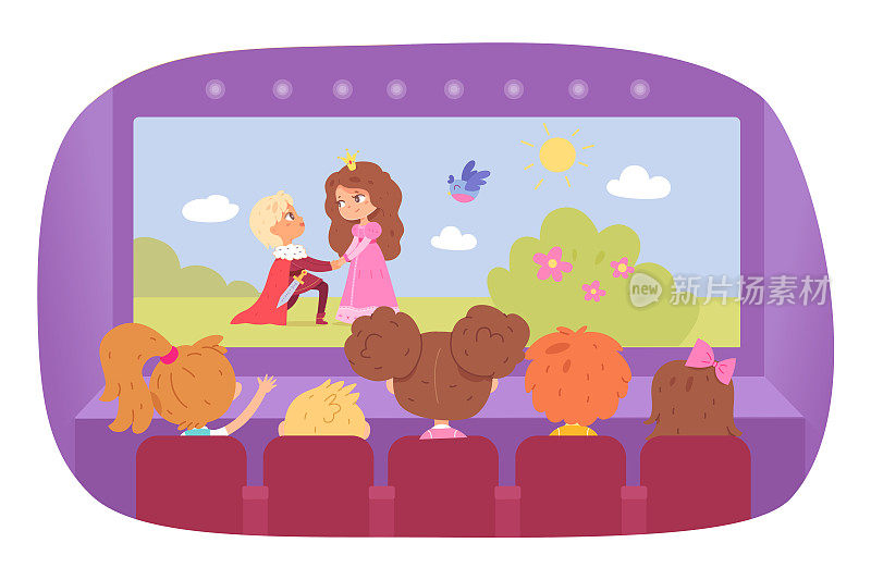 孩子们在电影院的屏幕上看电影，女孩和男孩坐在椅子上