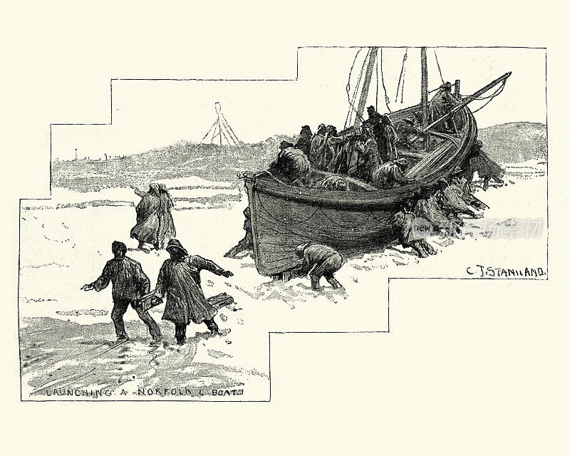 维多利亚19世纪，一名男子在诺福克救生艇上下水