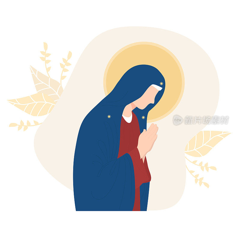 最神圣的狄奥托科斯，天堂的女王。圣母玛利亚温柔的祈祷在装饰的背景上。向量插图的基督教和天主教社区，设计，装饰的宗教节日