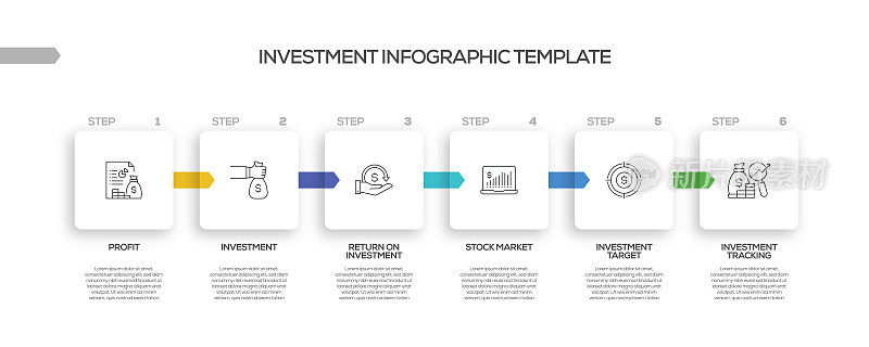 投资相关流程信息图表模板。过程时间图。带有线性图标的工作流布局