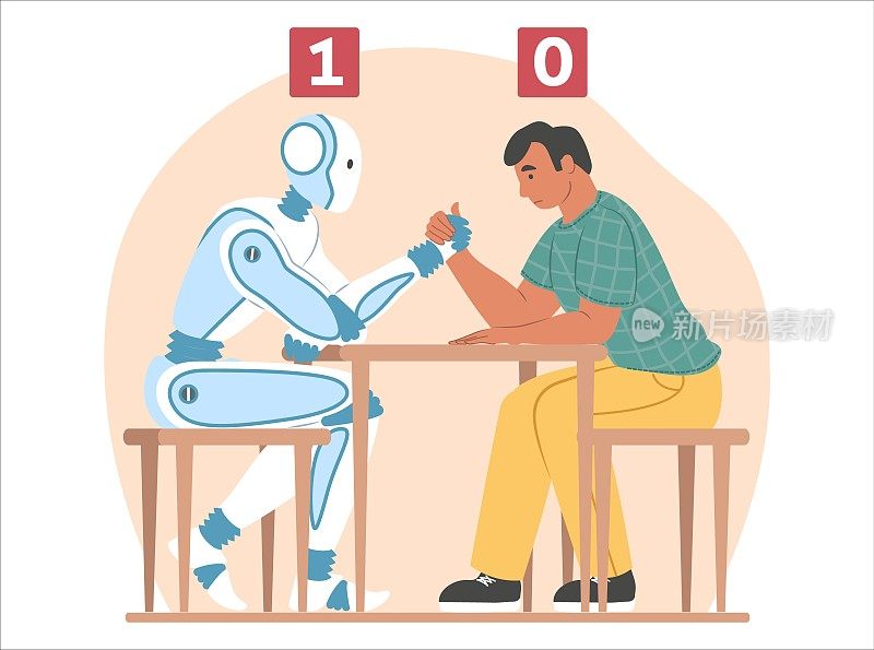 人工智能vs人类，平面矢量插图。机器人和商人之间的扳手腕比赛。