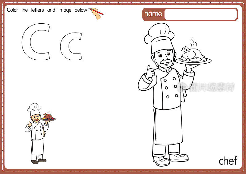 矢量插图的儿童字母着色书页与概述剪贴画，以颜色。字母C代表Chef。