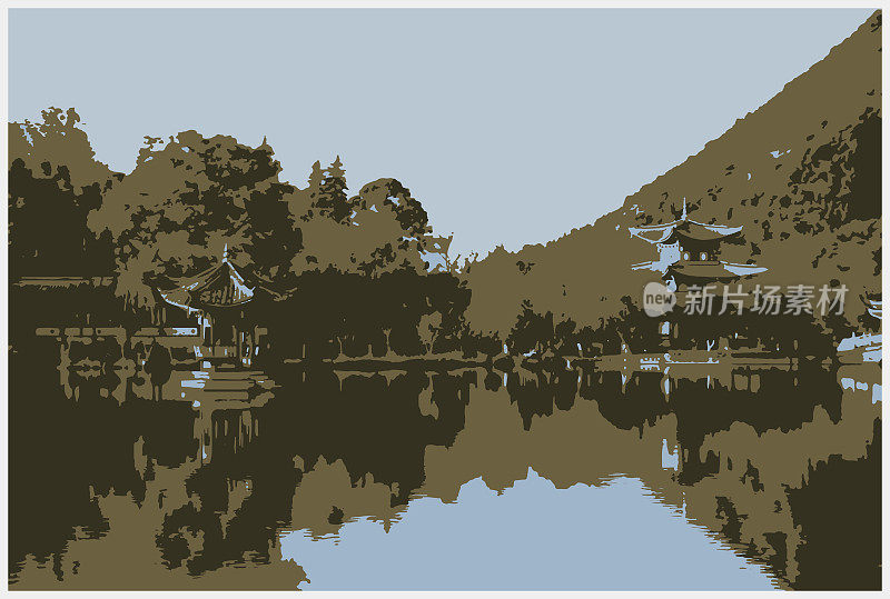 向量艺术雕刻风格绘画中国山水插图，摄影效果，抽象背景