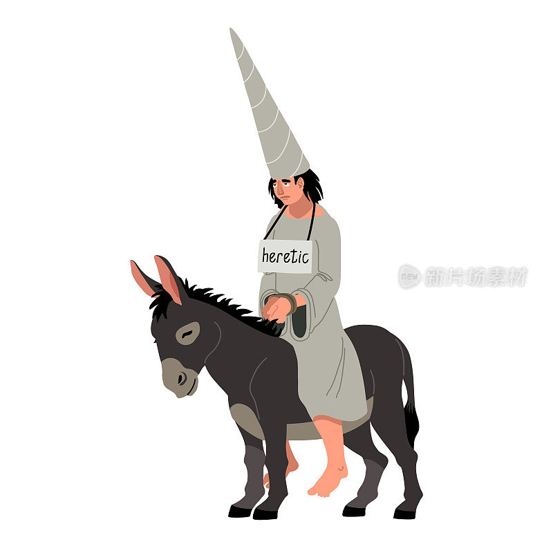 一个戴锥帽的闷闷不乐的异教徒骑着驴子。