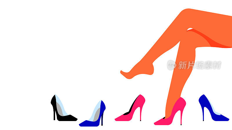 穿着红色高跟鞋的苗条女性腿。红色高跟鞋，纤细的脚。不同的高跟鞋踩在地板上。概念购物、时尚、鞋履、衣柜。矢量插图的横幅，封面，海报。