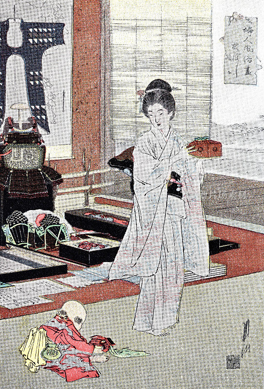 日本，一个女人站在家里的宝莉面前