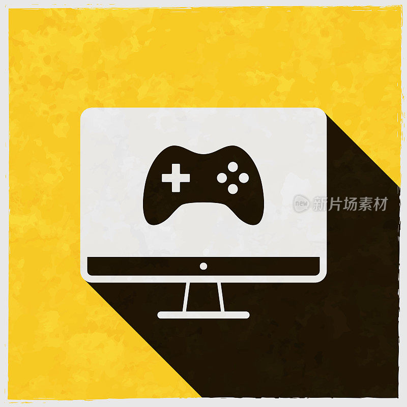 台式电脑上的视频游戏。图标与长阴影的纹理黄色背景