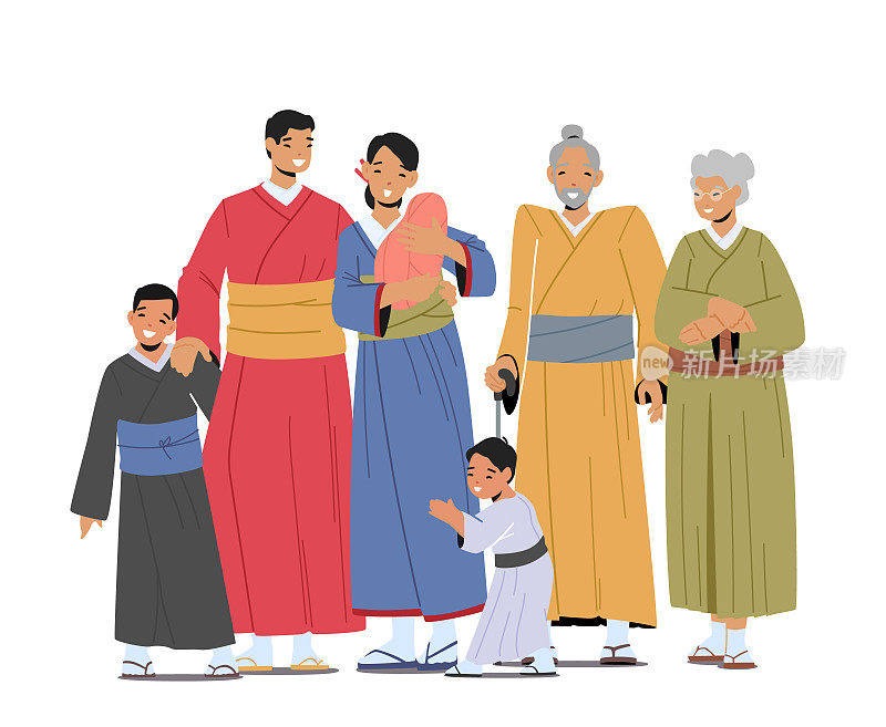 幸福的亚洲家庭，微笑的年轻和年老的男性和女性的角色。父母、祖父母和孩子都穿和服