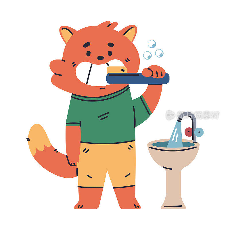 宝宝猫刷牙矢量卡通卫生概念插图孤立在白色背景。