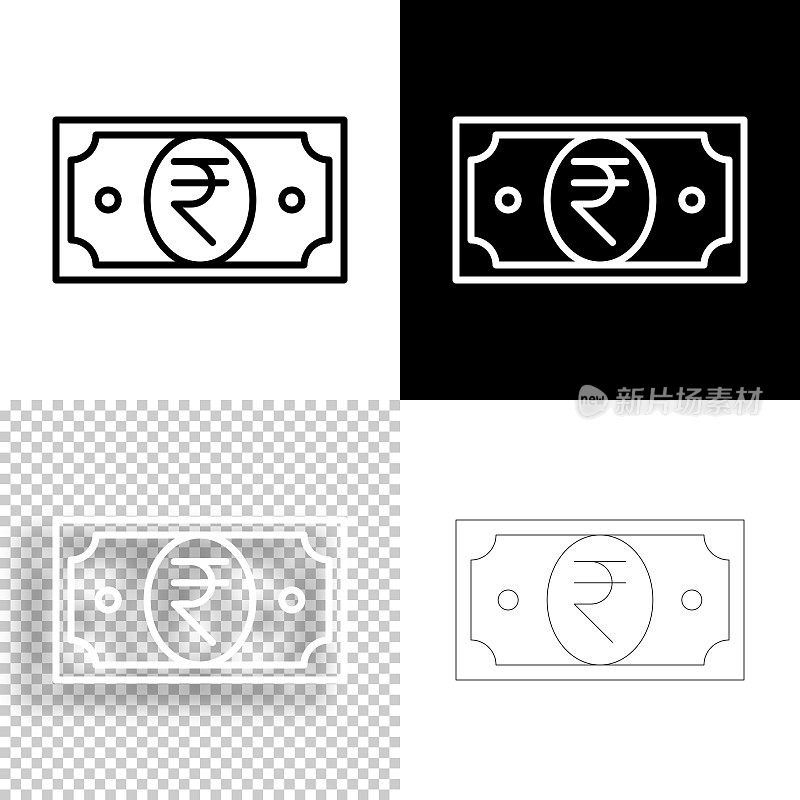 印度卢比钞票。图标设计。空白，白色和黑色背景-线图标