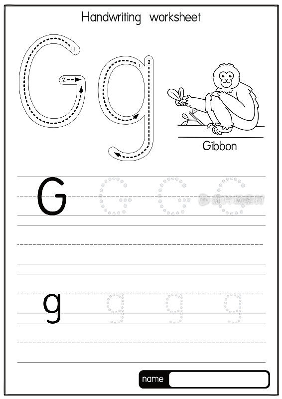黑白矢量插图与字母G大写字母或大写字母儿童学习练习ABC