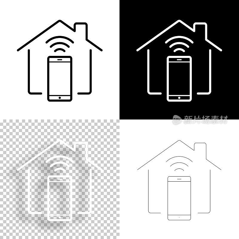 智能家居和智能手机。图标设计。空白,白色和黑色背景-线图标