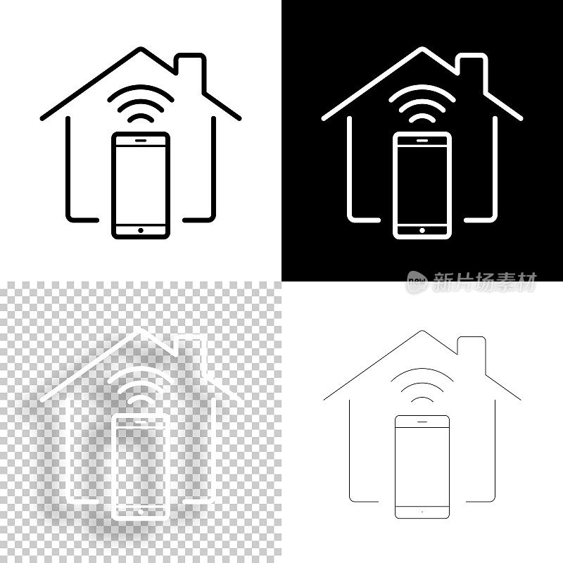 智能家居和智能手机。图标设计。空白，白色和黑色背景-线图标