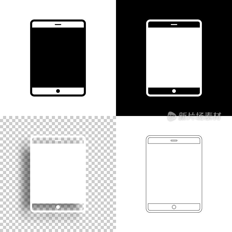 平板电脑。图标设计。空白，白色和黑色背景-线图标