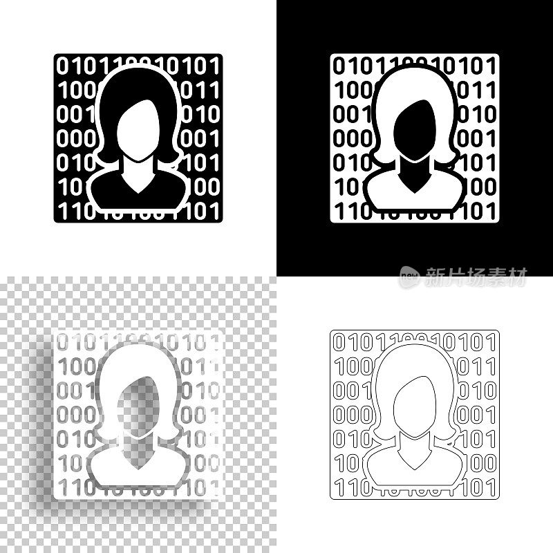 女性脸与二进制代码。图标设计。空白，白色和黑色背景-线图标
