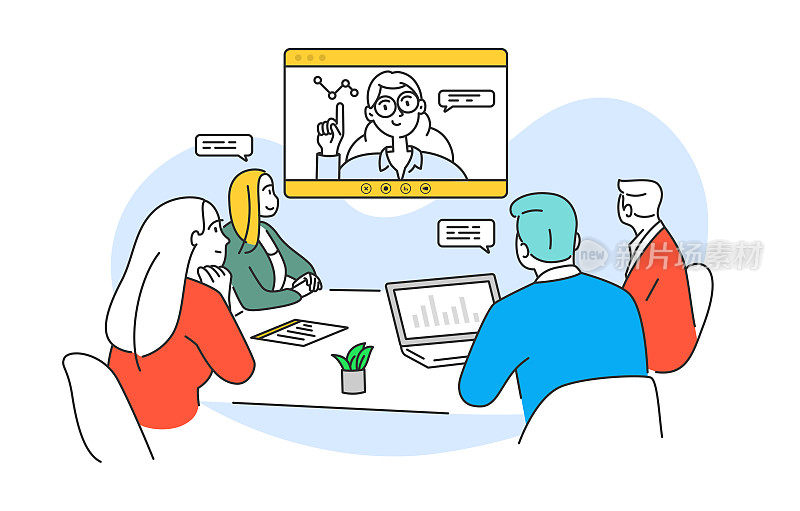 商务人士，办公室会议做在线视频会议同事有在线商务会议网络会议概念办公室工作者小组讨论共同工作。
