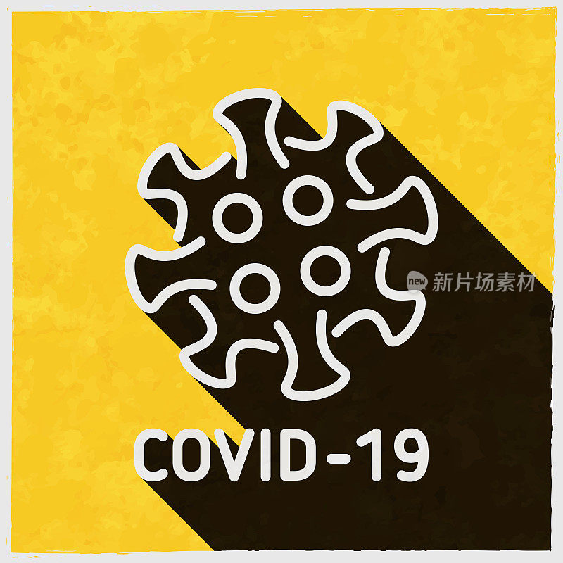 COVID-19细胞。图标与长阴影的纹理黄色背景