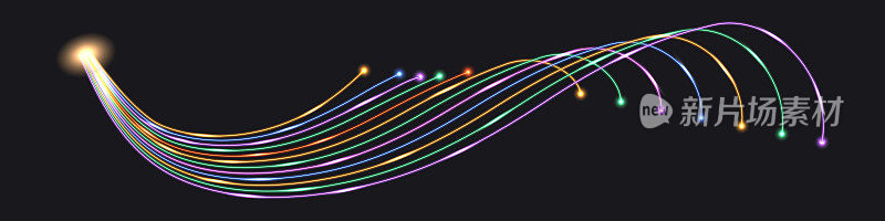 光纤电缆;光纤网络技术。彩色霓虹灯发光效果，脉冲线，黄色，蓝色，绿色和紫色波浪漩涡。闪电雷击。矢量图
