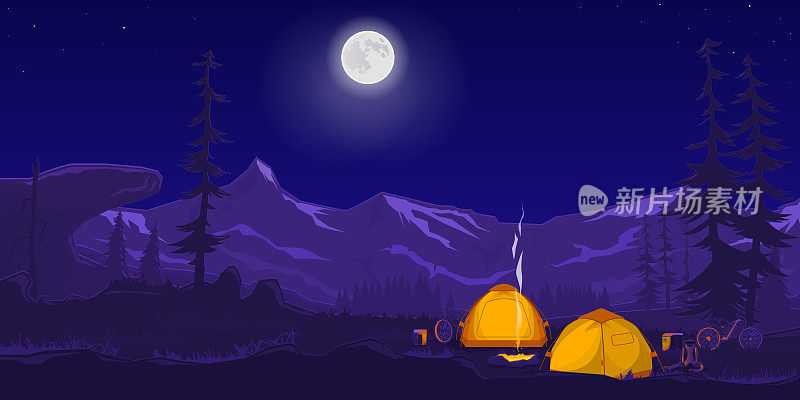 游客营地的夜景尽收眼底。明月照山川，针叶林，石崖，山麓平原。帐篷，营火，自行车，野营冰箱，食品盒，背包。矢量插图。