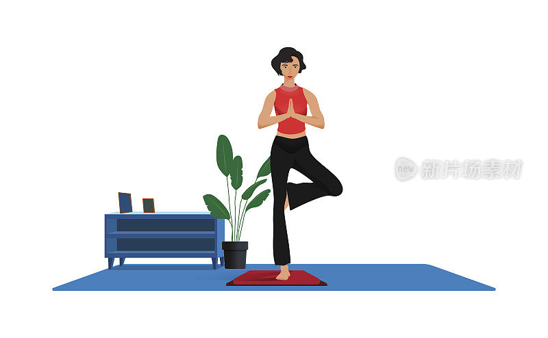 详细的矢量插图的女性练习瑜伽描绘健康的生活方式，女性冥想在平衡瑜伽孤立在白色背景，
