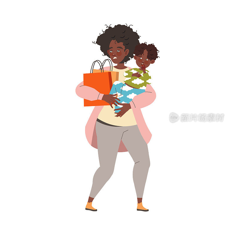 疲惫的妈妈抱着婴儿和购物袋与手臂感觉压力和疲惫的多任务向量插图