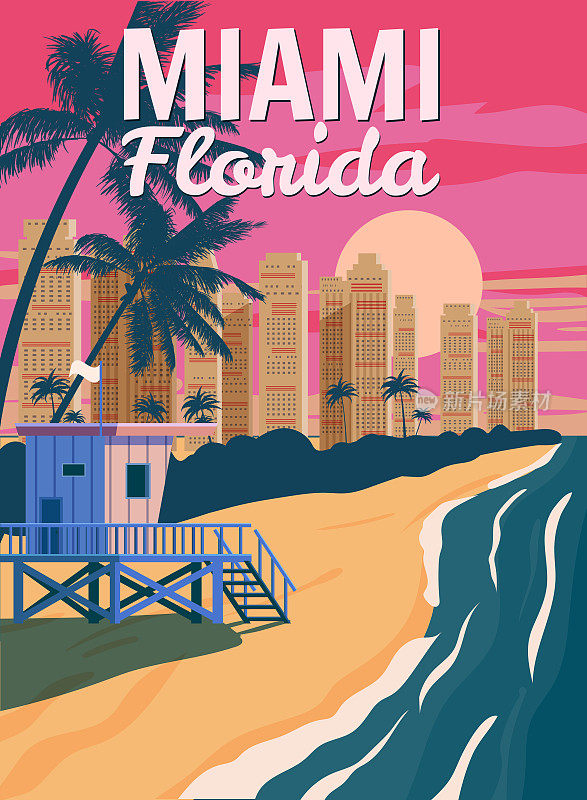 佛罗里达迈阿密，城市天际线，复古海报。日落，救生员的房子，海岸，冲浪，海洋。矢量图的