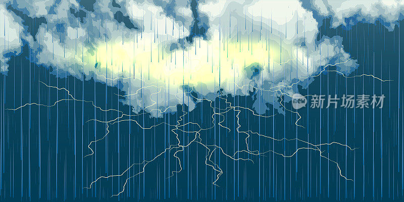 逼真的云与雨和闪电。矢量插图。