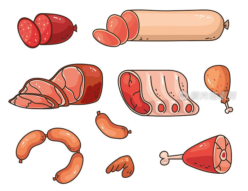 肉类食品生牛排鸡肉牛肉猪肉香肠烧烤孤立集集理念。矢量图形设计元素插图