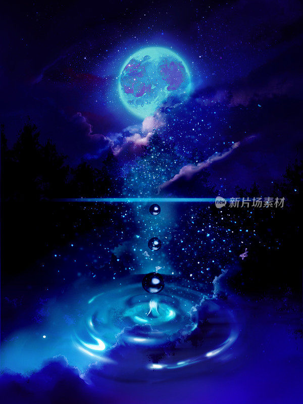 神秘的深森林夜景的梦幻背景插图，蓝色的满月和水滴落在湖上