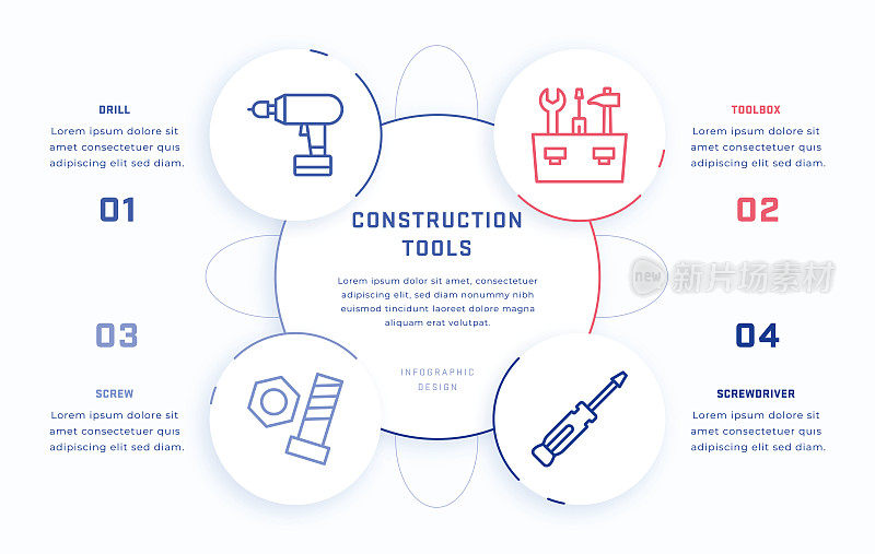 施工工具四步信息图形设计模板与线图标