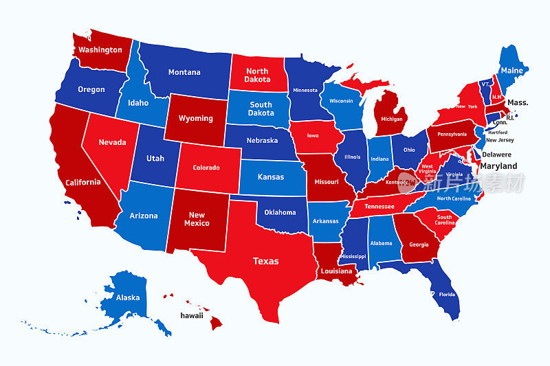 红蓝相间的美国地图。