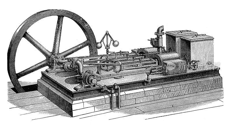 古董插图，应用力学:蒸汽动力机器
