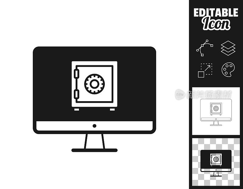 带保险箱的台式电脑。图标设计。轻松地编辑