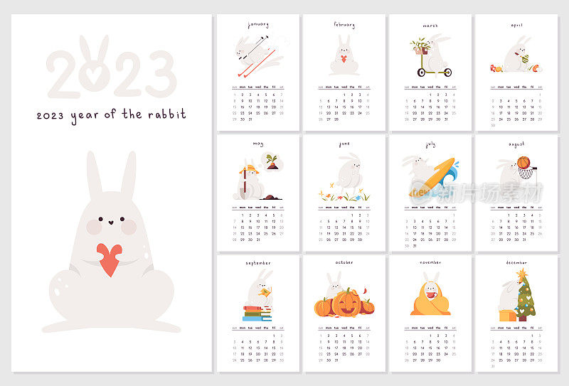 日历2023年和可爱的兔子。封面和12个月的页面模板。有不同季节活动的兔子。