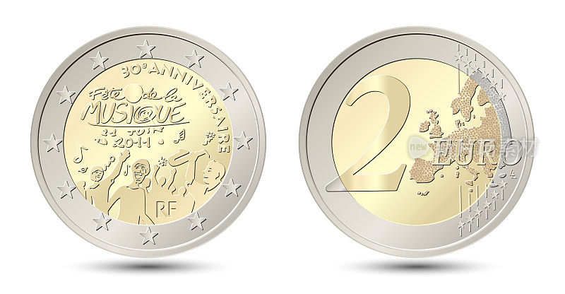 2欧元，法国，30年的音乐节。法国两欧元硬币的正反两面。矢量插图孤立在白色背景上。