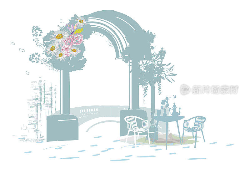 以鲜花、老城区景色和街头咖啡馆装饰的系列背景。