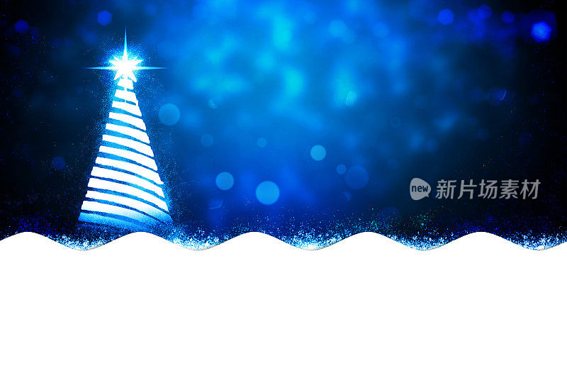 横向圣诞背景的三维圣诞树与弯曲之字形线划分框架成午夜深蓝色和白色的分区，对比色如窗帘褶边或边界作为波浪图案