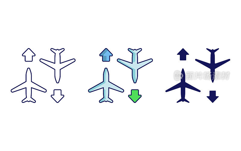 飞机换乘，飞行航空线和雕文图标，孤立矢量插图
