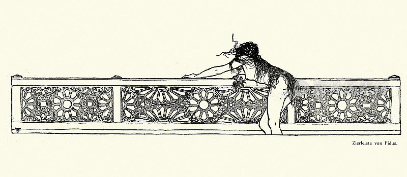 长发美女倚在栏杆上，新艺术青年派，19世纪艺术，菲杜斯